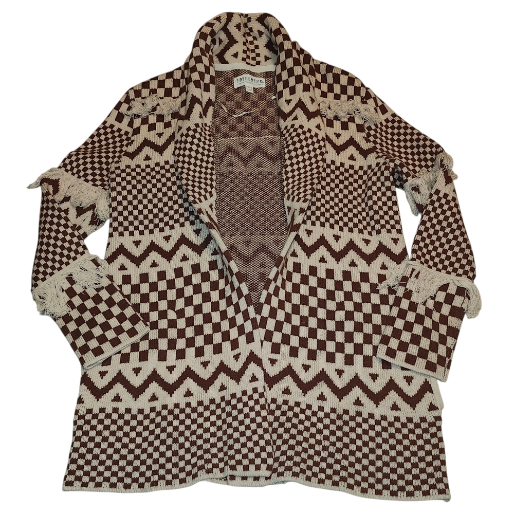 IDYLLWIND Tan and Brown Southwestern Fringe Open Cardigan. Sz. XS